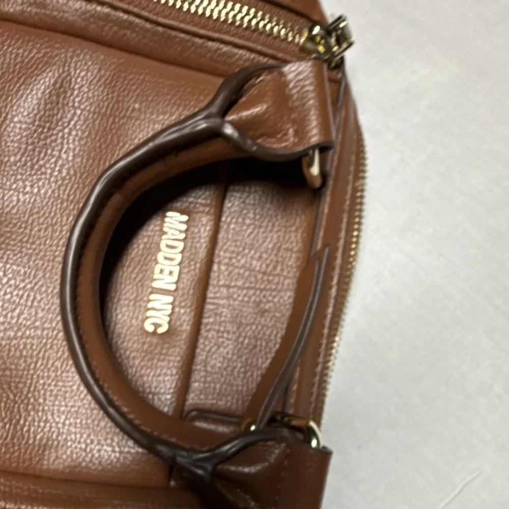 MADDEN NYC Brown Satchel Bag Adjustable Strap Double Handles Gold Zipper Logo